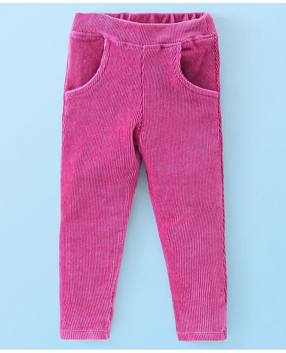 Babyhug 100% Cotton Knit Full Sleeves Top & Corduroy Jegging With Floral Print - White & Purple