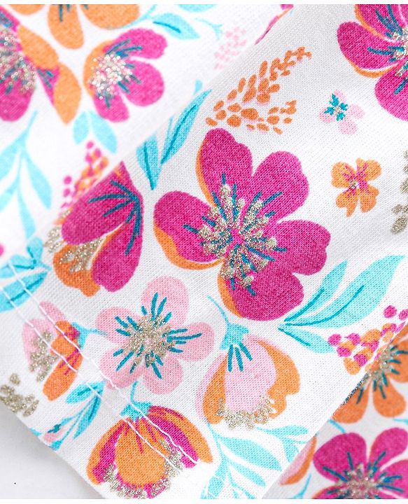 Babyhug 100% Cotton Knit Full Sleeves Top & Corduroy Jegging With Floral Print - White & Purple