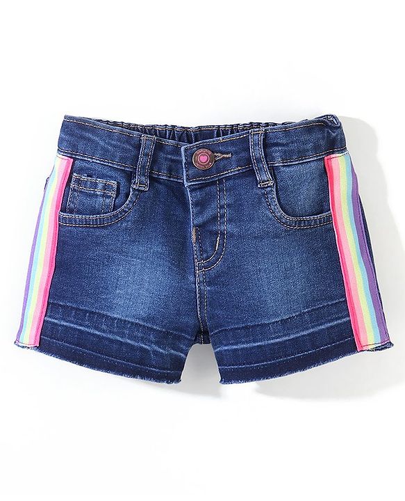 Babyhug Cotton Mid Thigh Length Stretchable Denim Shorts with Ribbon Patch - Blue