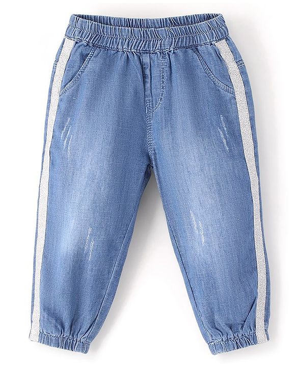 Babyhug 100% Cotton Denim Full Length Joggers- Blue