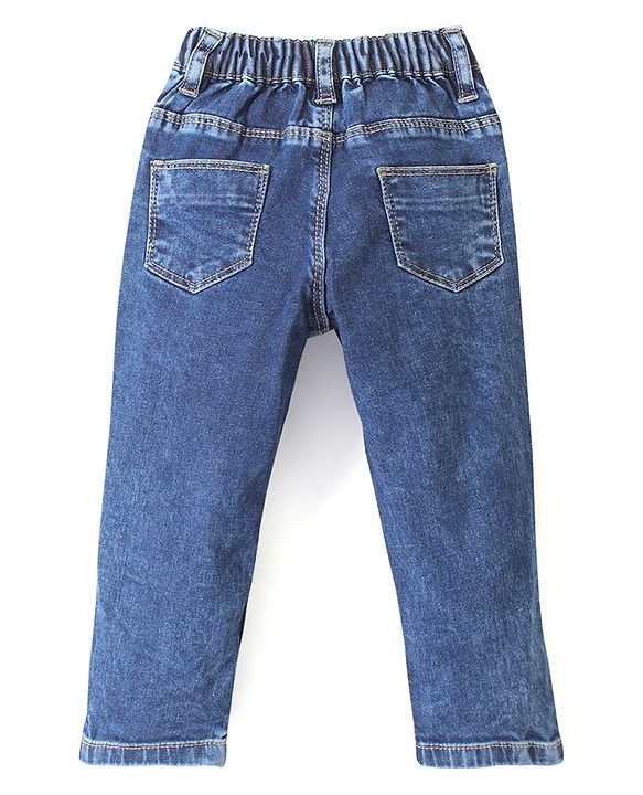 Babyhug Denim Washed Full Length Stretchable Jeans With Floral Embroidery - Blue