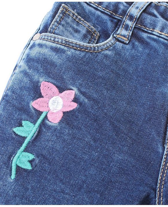 Babyhug Denim Washed Full Length Stretchable Jeans With Floral Embroidery - Blue