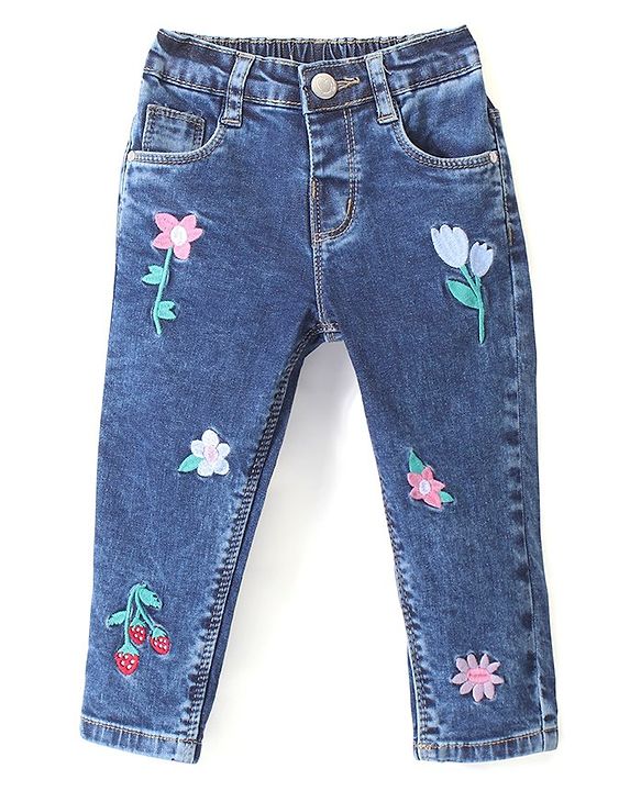 Babyhug Denim Washed Full Length Stretchable Jeans With Floral Embroidery - Blue