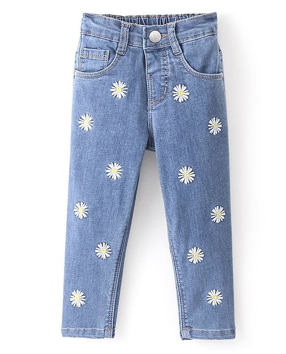 Babyhug Denim Full Length Washed Jeans With Stretch & Floral Embroidery - Blue