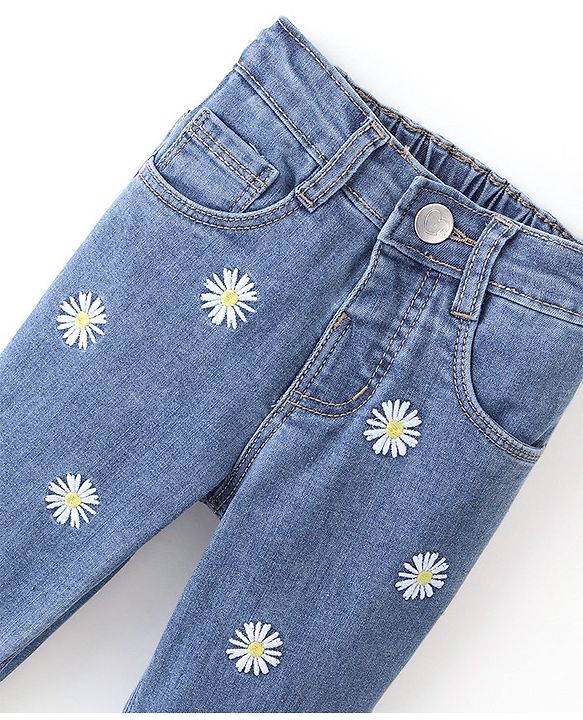 Babyhug Denim Full Length Washed Jeans With Stretch & Floral Embroidery - Blue