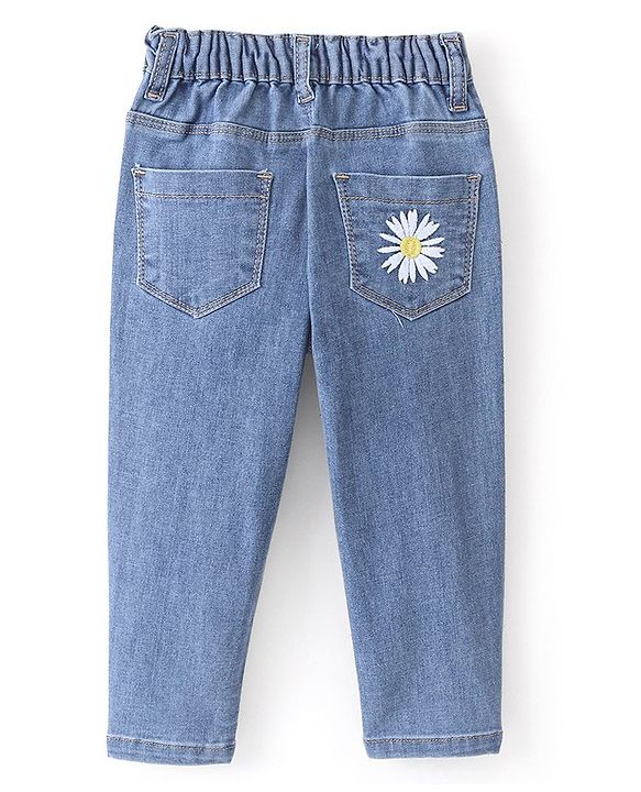 Babyhug Denim Full Length Washed Jeans With Stretch & Floral Embroidery -  Blue