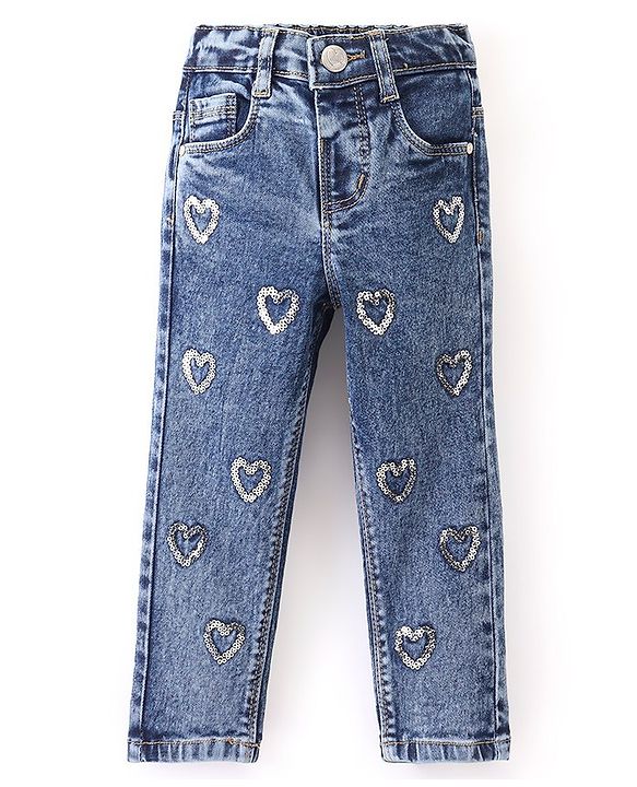 Babyhug Denim Full Length Stretchable Washed Jeans With Heart Sequine Detailing - Blue