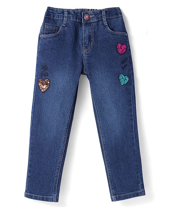 Babyhug Denim Full Length Sequins Detailing & Washed Stretchable Jeans - Blue