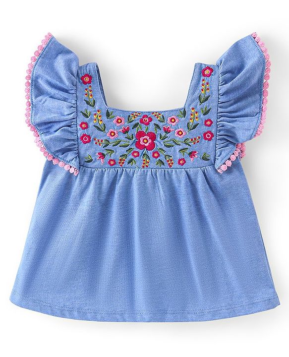 Babyhug 100% Cotton Knit Full Sleeves With Top & Leggings Floral Embroidery - Purple & Pink