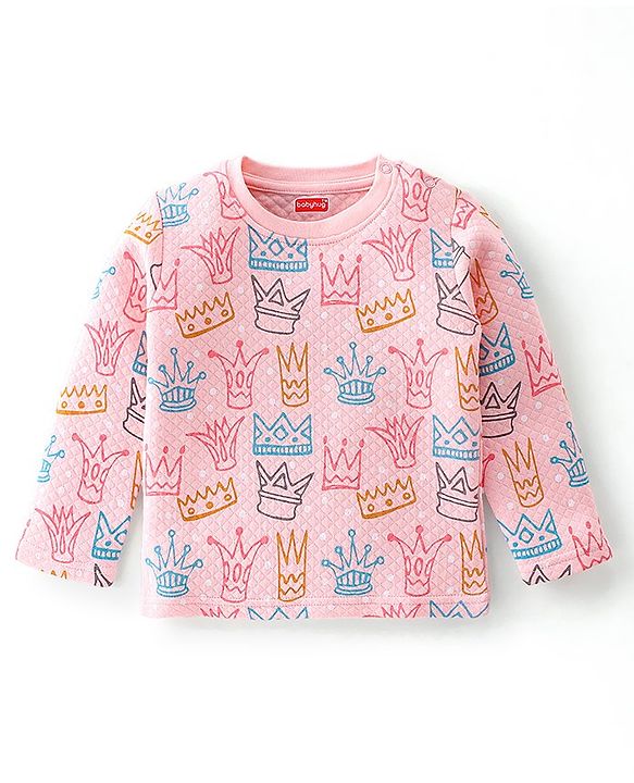 Babyhug Interlock Full Sleeves Winterwear Nightsuit with Crown Printed - Pink