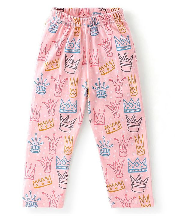 Babyhug Interlock Full Sleeves Winterwear Nightsuit with Crown Printed - Pink