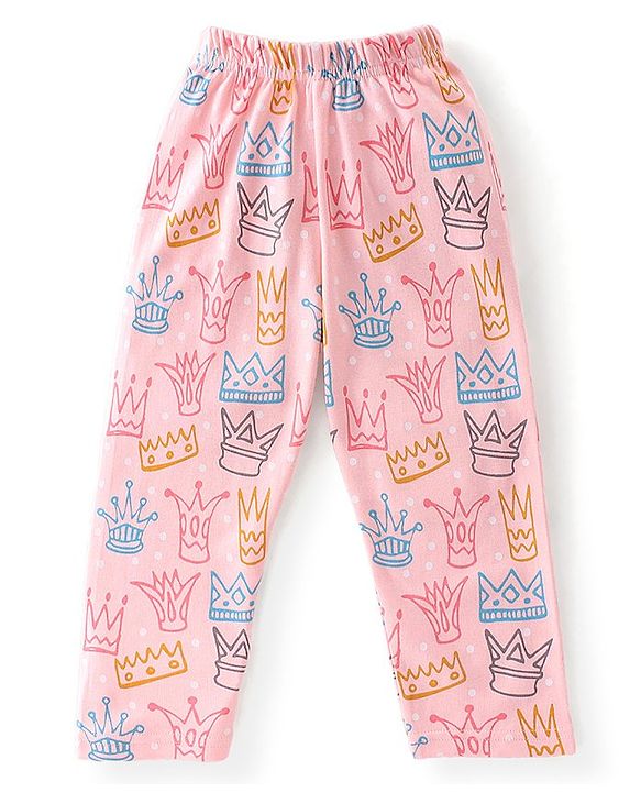 Babyhug Interlock Full Sleeves Winterwear Nightsuit with Crown Printed - Pink