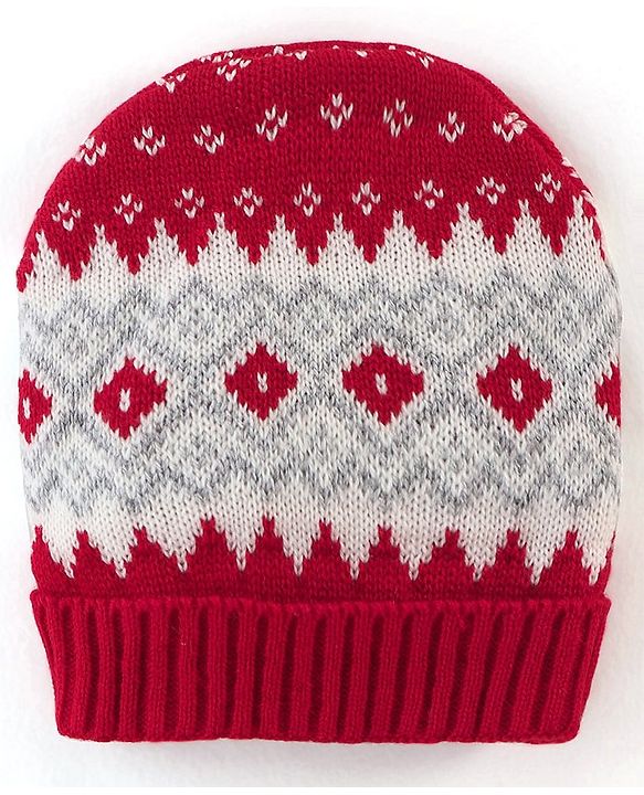 Babyhug Knit Woollen Cap - Red & Grey