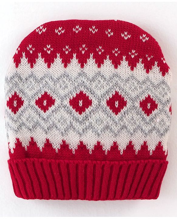 Babyhug Knit Woollen Cap - Red & Grey