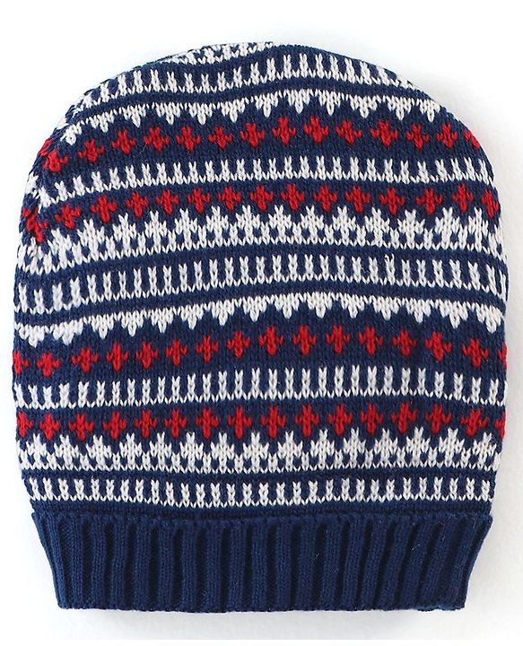 Babyhug Knit Woollen Cap - Blue Red & White