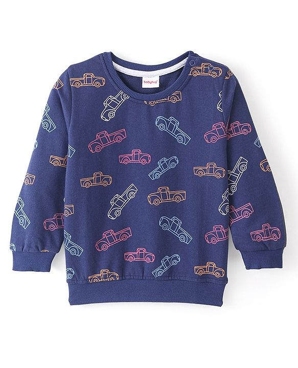 Babyhug Cotton Full Sleeves Sweatshirt with Car Printed - Navy Blue