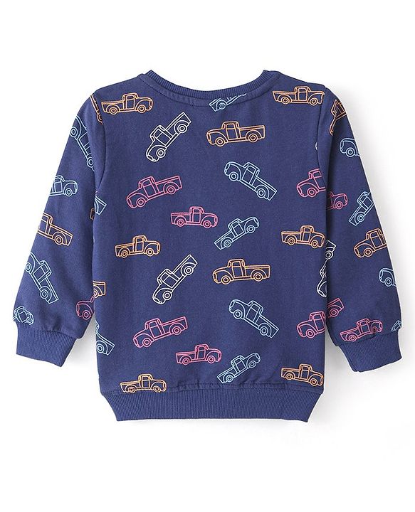 Babyhug Cotton Full Sleeves Sweatshirt with Car Printed - Navy Blue