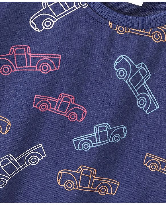 Babyhug Cotton Full Sleeves Sweatshirt with Car Printed - Navy Blue