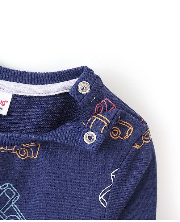 Babyhug Cotton Full Sleeves Sweatshirt with Car Printed - Navy Blue