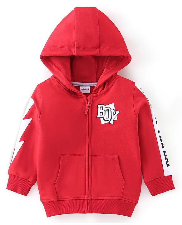 Babyhug Cotton Knit Full Sleeves Sweatjacket With Zipper Hood & Graphics Detailing - Red