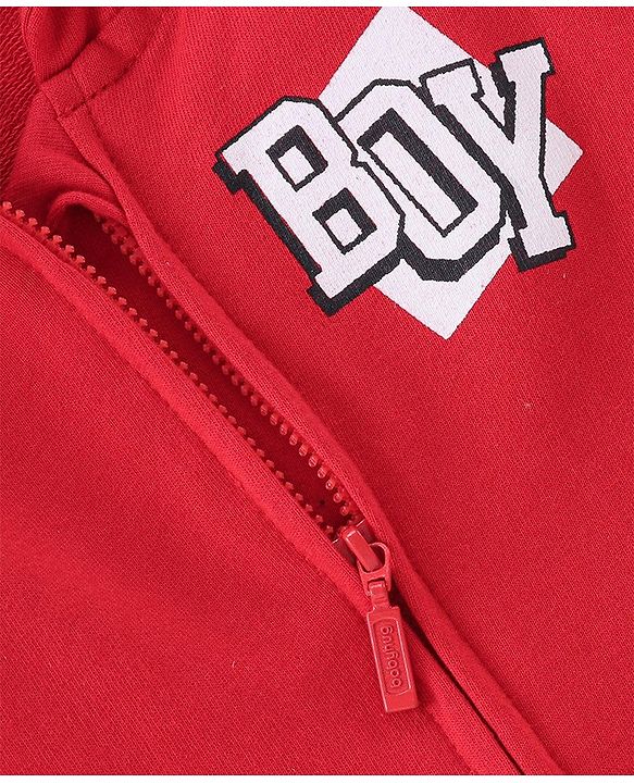 Babyhug Cotton Knit Full Sleeves Sweatjacket With Zipper Hood & Graphics Detailing - Red