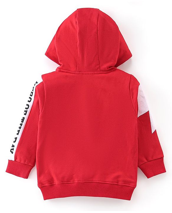 Babyhug Cotton Knit Full Sleeves Sweatjacket With Zipper Hood & Graphics Detailing - Red