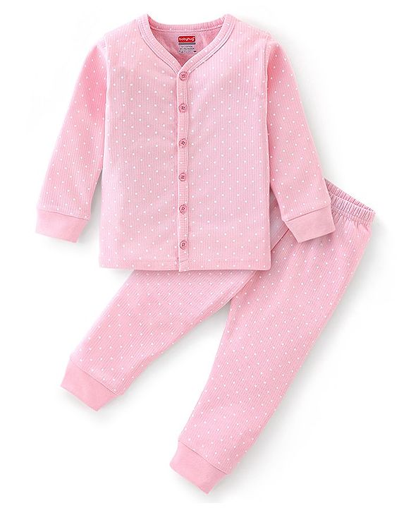 Babyhug Full Sleeves Polka Dot Printed Front Open Thermal Inner Wear Set-Pink