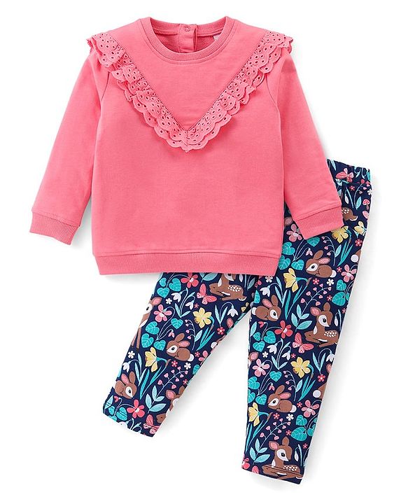 Babyhug 100% Cotton Knit Full Sleeves Solid Colour Frill Detailing Top With Floral Print  Pant Set - Pink & Navy Blue