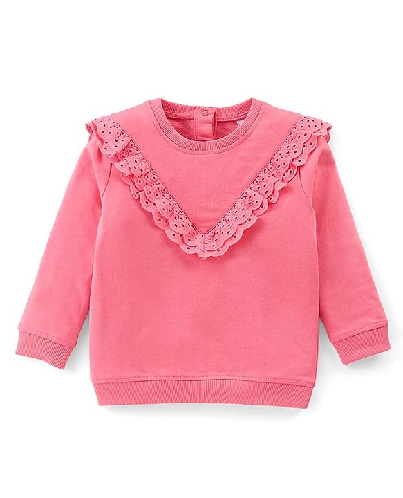 Babyhug 100% Cotton Knit Full Sleeves Solid Colour Frill Detailing Top With Floral Print  Pant Set - Pink & Navy Blue