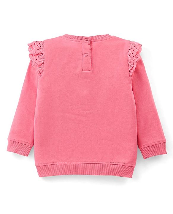 Babyhug 100% Cotton Knit Full Sleeves Solid Colour Frill Detailing Top With Floral Print  Pant Set - Pink & Navy Blue