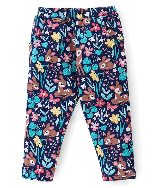 Babyhug 100% Cotton Knit Full Sleeves Solid Colour Frill Detailing Top With Floral Print  Pant Set - Pink & Navy Blue