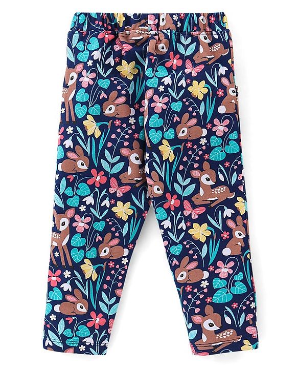Babyhug 100% Cotton Knit Full Sleeves Solid Colour Frill Detailing Top With Floral Print  Pant Set - Pink & Navy Blue