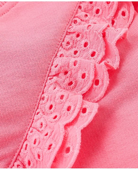 Babyhug 100% Cotton Knit Full Sleeves Solid Colour Frill Detailing Top With Floral Print  Pant Set - Pink & Navy Blue
