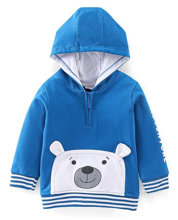 Babyhug Cotton Knit Full Sleeves Hooded Sweatshirt With Bear Graphics - Blue