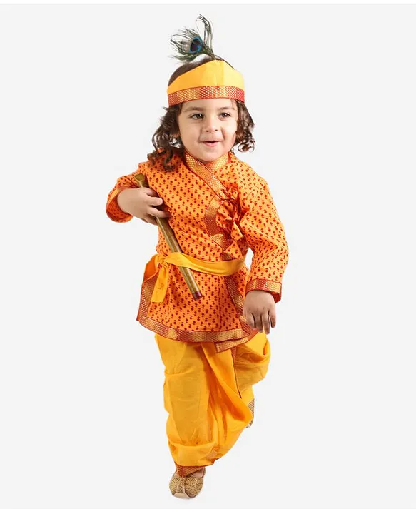 KID1 Full Sleeves Janmashtami Theme Flower Motif Printed Angrakha Kurta Dhoti Krishna Costume Set Yellow