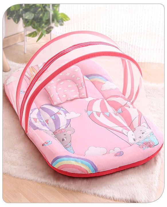 Babyhug Cotton Bedding Set with Mosquito Net Hot Air Balloon Print -  Pink