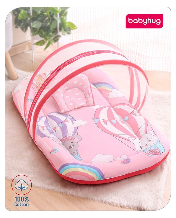 Babyhug Cotton Bedding Set with Mosquito Net Hot Air Balloon Print -  Pink