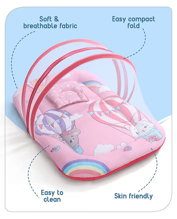 Babyhug Cotton Bedding Set with Mosquito Net Hot Air Balloon Print -  Pink