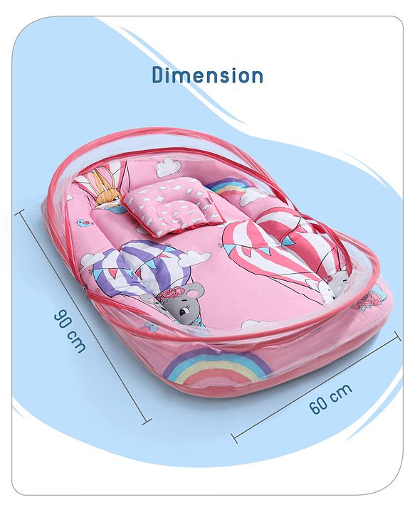 Babyhug Cotton Bedding Set with Mosquito Net Hot Air Balloon Print -  Pink