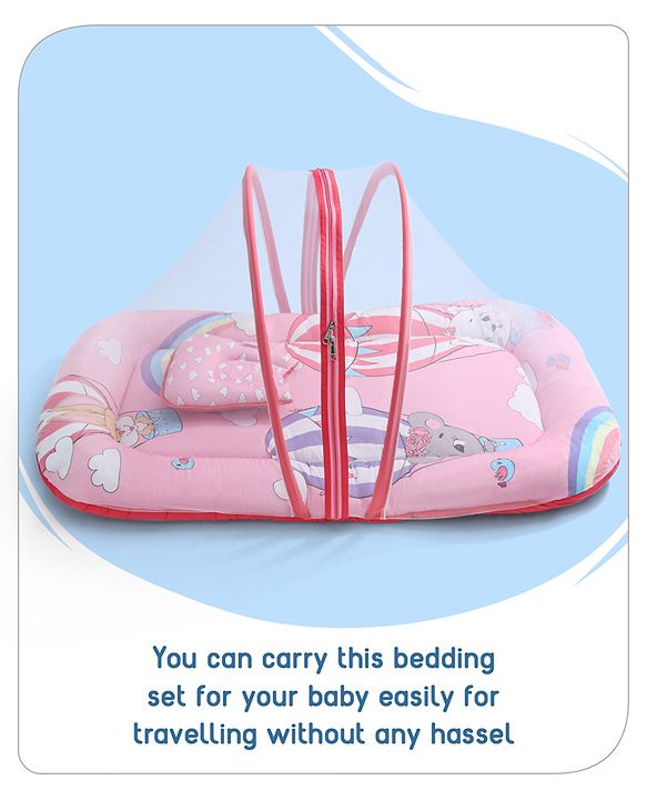 Babyhug Cotton Bedding Set with Mosquito Net Hot Air Balloon Print -  Pink