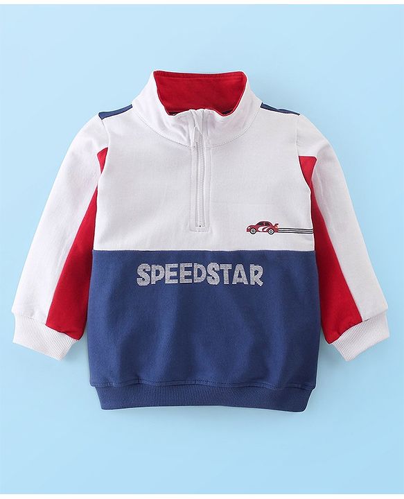 Babyhug Cotton Full Sleeves High Neck Sweatshirt With Graphics- White & Navy