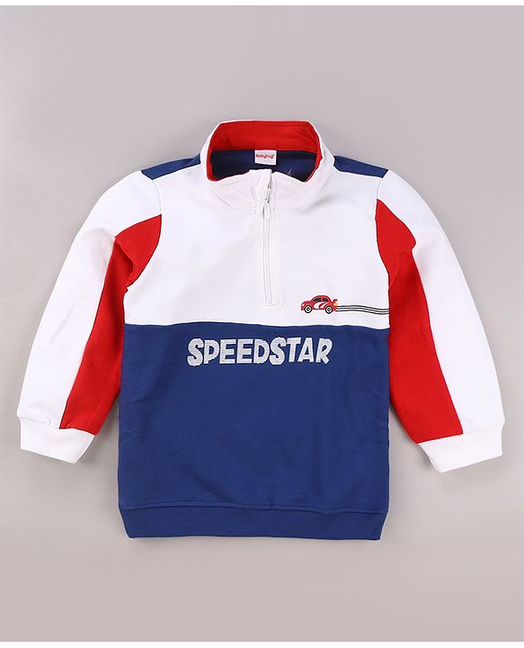 Babyhug Cotton Full Sleeves High Neck Sweatshirt With Graphics- White & Navy