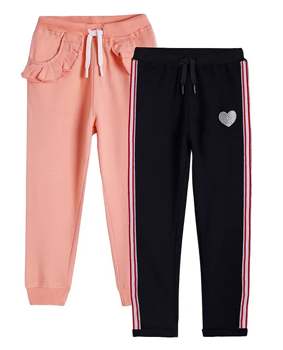 Anthrilo Summer Theme Pack Of 2 Side Tape & Frill Detailed Comfort Fit  Joggers - Peach & Black