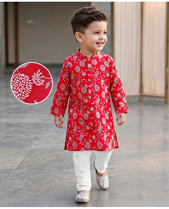 Babyhug Cotton Woven Floral Printed Full Sleeves Kurta & Pyjama Set- Red