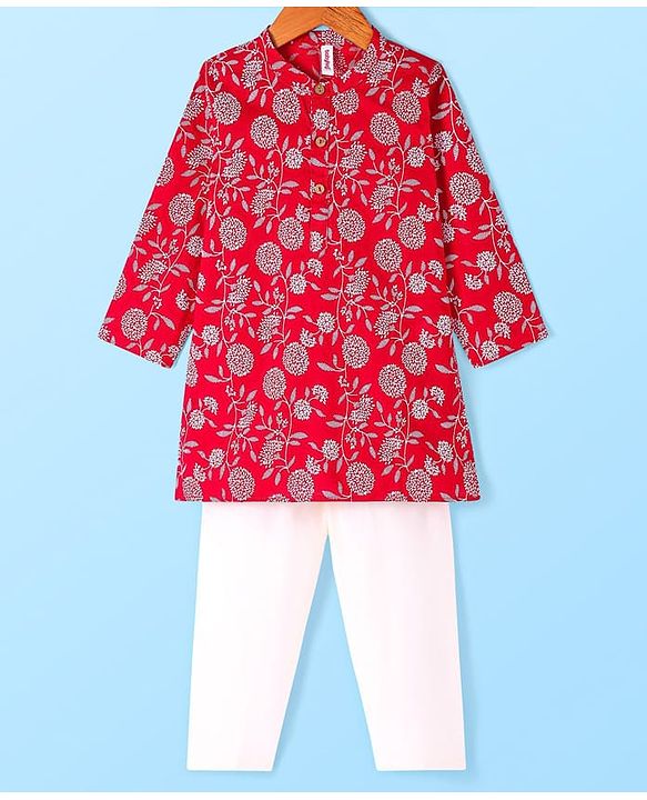 Babyhug Cotton Woven Floral Printed Full Sleeves Kurta & Pyjama Set- Red