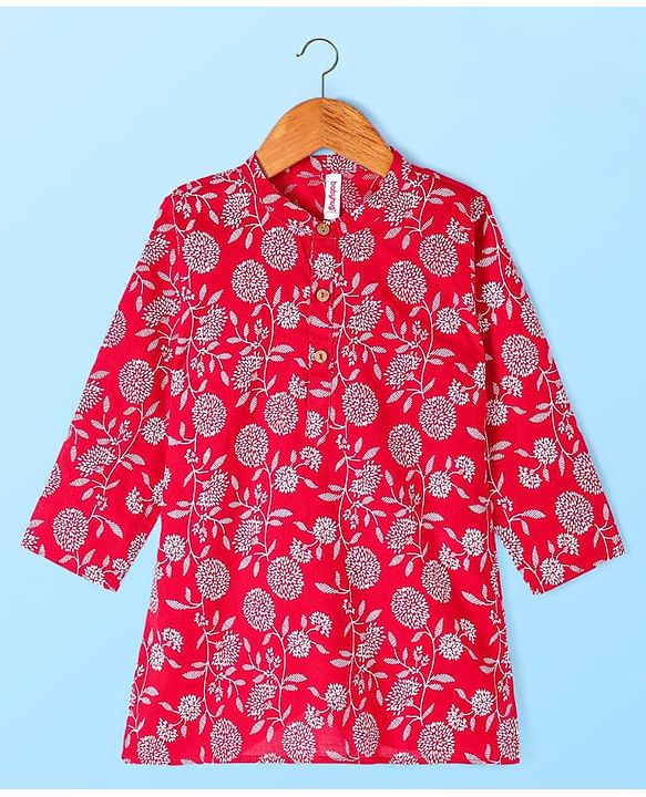 Babyhug Cotton Woven Floral Printed Full Sleeves Kurta & Pyjama Set- Red