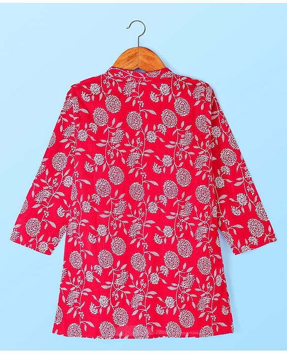 Babyhug Cotton Woven Floral Printed Full Sleeves Kurta & Pyjama Set- Red