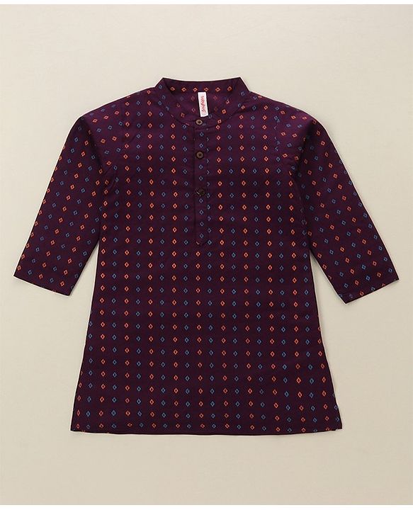 Babyhug Cotton Woven Full Sleeves Kurta & Dhoti Set Square Print - Purple & Orange
