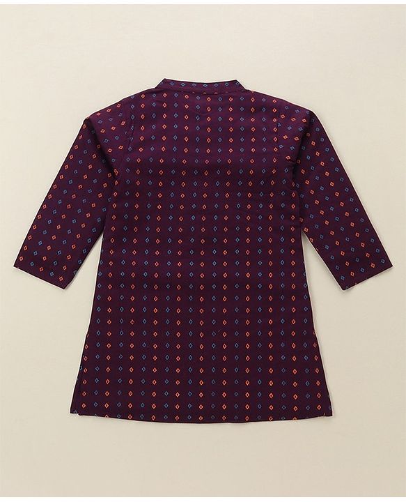 Babyhug Cotton Woven Full Sleeves Kurta & Dhoti Set Square Print - Purple & Orange