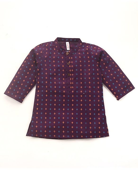 Babyhug Cotton Woven Full Sleeves Kurta & Dhoti Set Square Print - Purple & Orange